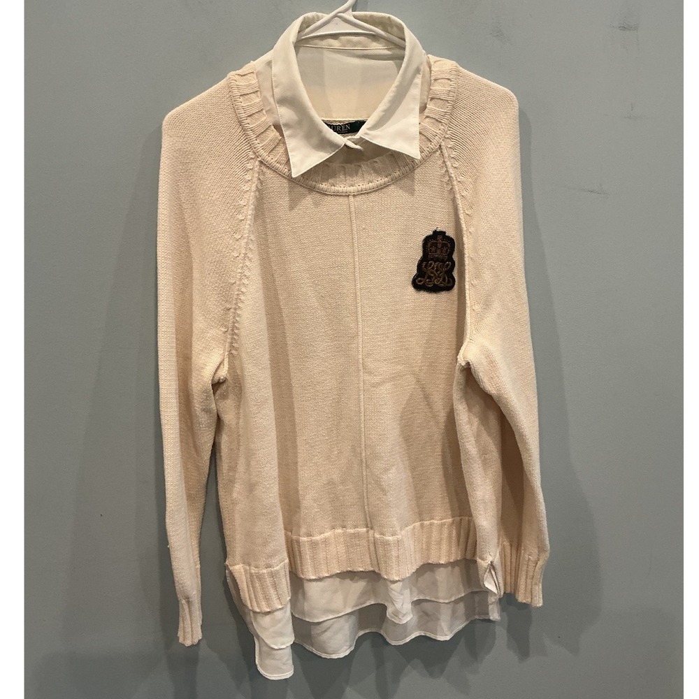 Lauren Ralph Lauren Womens Chunky Knit Cotton Sweater 2X Off White Crest Preppy